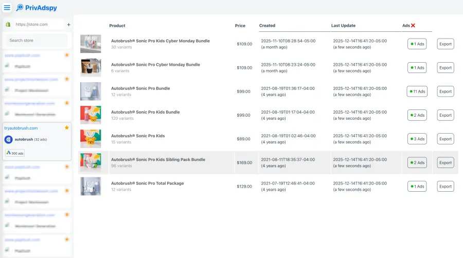 Stores — tracked stores with products, prices and ads