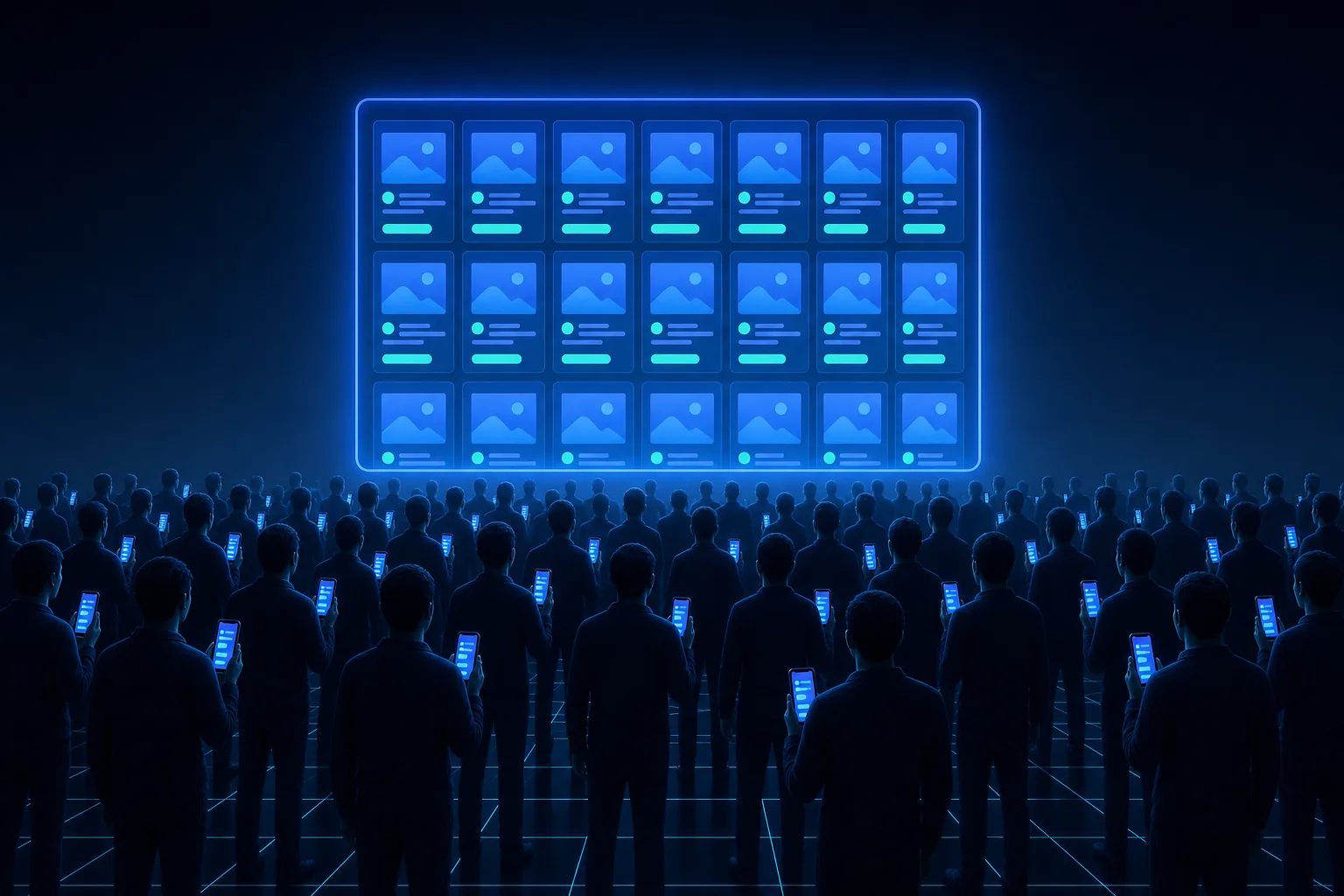 A crowd of identical silhouettes all looking at the same list of products